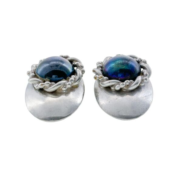 Vintage Silver Plated 2.8cm Iridescent Glass Cabochon Clip-On Earrings - Picture 2 of 6